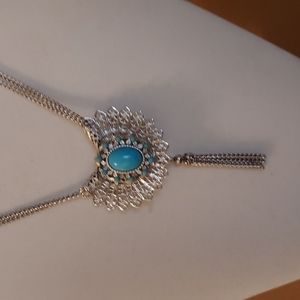 Emmons necklace/pin silvertone Aztec Princess 1971 long chain Turquoise color